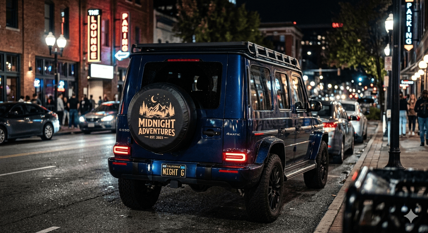 Custom vinyl tire cover on the back of a vehicle in a city