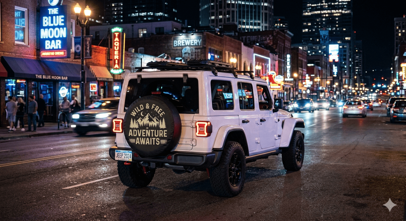 Customer vinyl tire cover on the back of a white Jeep in a night city setting